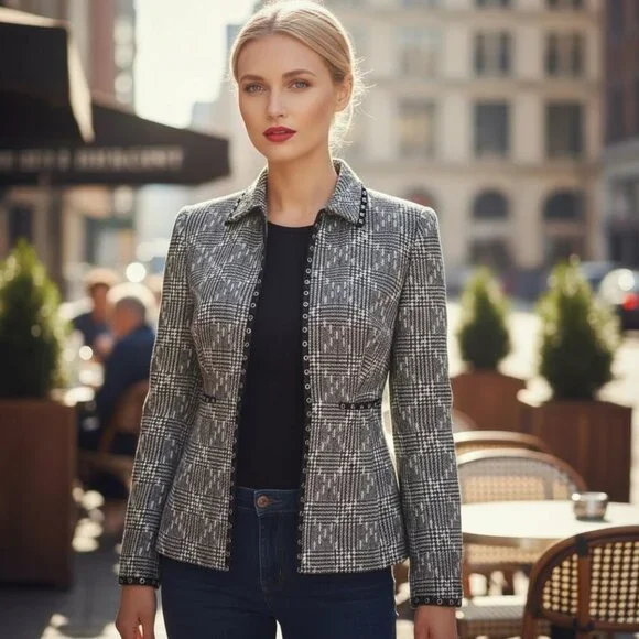 VINTAGE GERMANY Houndstooth Wool Boucle Blazer S Tweed Minimalist Jacket E Luxe - Picture 16 of 16